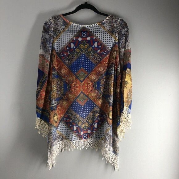Shiloh 770 Size Medium Sheer Blouse Crowns Royalty Crocheted Fringe Boho 0589 - Picture 11 of 16